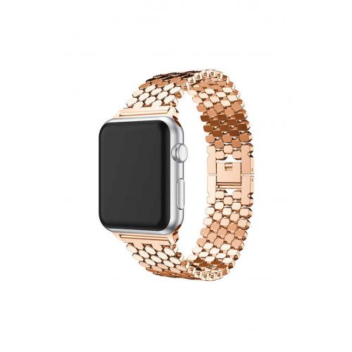 Apple Watch 9 Uyumlu 45mm pullu görünümlü Metal Kordon-30 Rose Gold