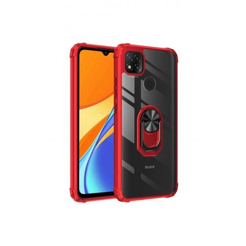 Xiaomi Redmi 9c Uyumlu Yüzüklü Standlı Manyetikli Mola Sert Silikon Kapak Kırmızı