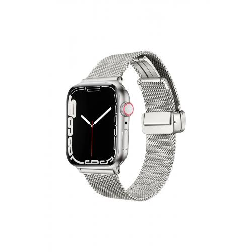 Apple Watch 3 4 5 6 7 8 9 SE Ultra/Ultra-2 Uyumlu 42-44-45-49mm Hasır Metal Kordon-85 Gümüş