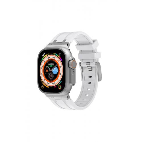 Apple Watch Ultra (49mm) için Metal Toka Tasarımlı Silikon Kordon-89 Beyaz