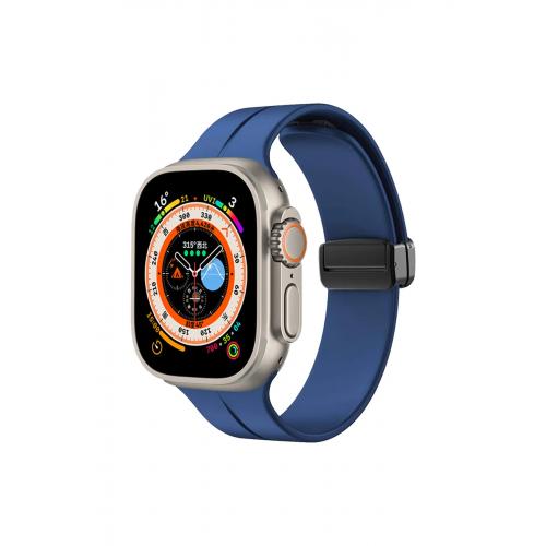 Apple Watch Ultra 2 Uyumlu 49mm Metal Tokalı Silikon kordon-84 Mavi