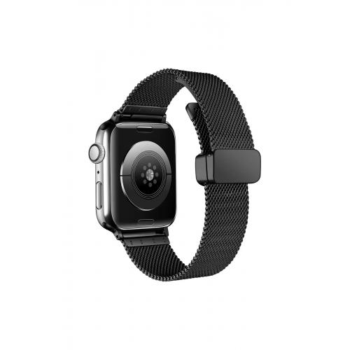 Apple Watch 9 Uyumlu 45mm Klipsli Hasır Metal Kordon-85 Siyah