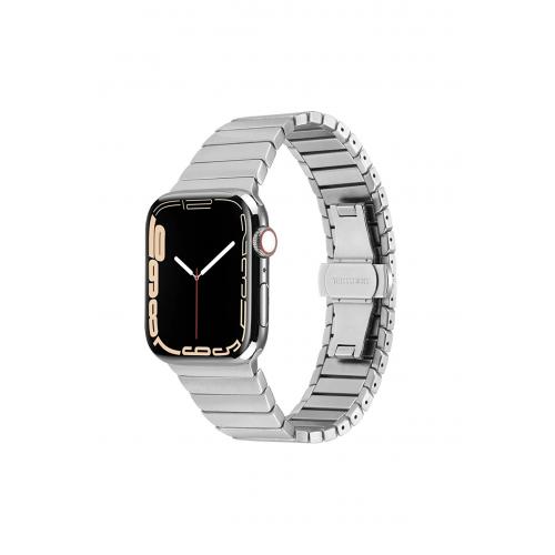 Apple Watch 9 Uyumlu 41mm Çizgi Rasarımlı Metal Kordon-79 Gümüş