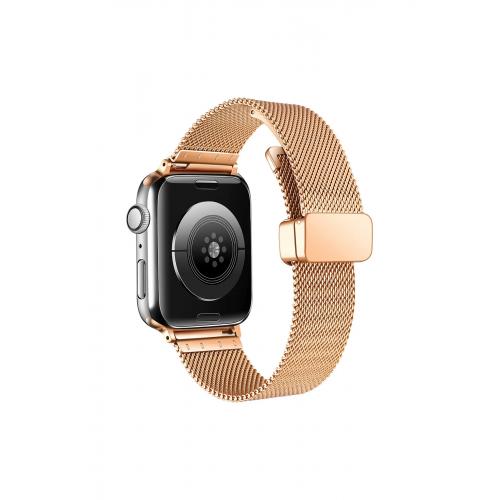 Apple Watch 3/4/5/6/7/8/SE/Ultra Uyumlu 42-44-45-49mm Klipsli Hasır Metal Kordon-85 Rose Gold