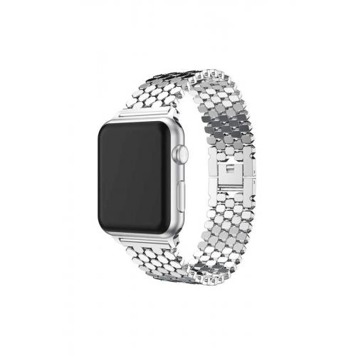 Apple Watch 3 4 5 6 7 8 9 SE Ultra/Ultra-2 Uyumlu 42-44-45-49mm pullu Metal Kordon-30 Gümüş