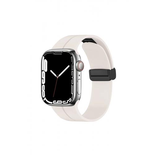 Apple Watch 9 Uyumlu 45mm Metal Tokalı Silikon kordon-84 Krem